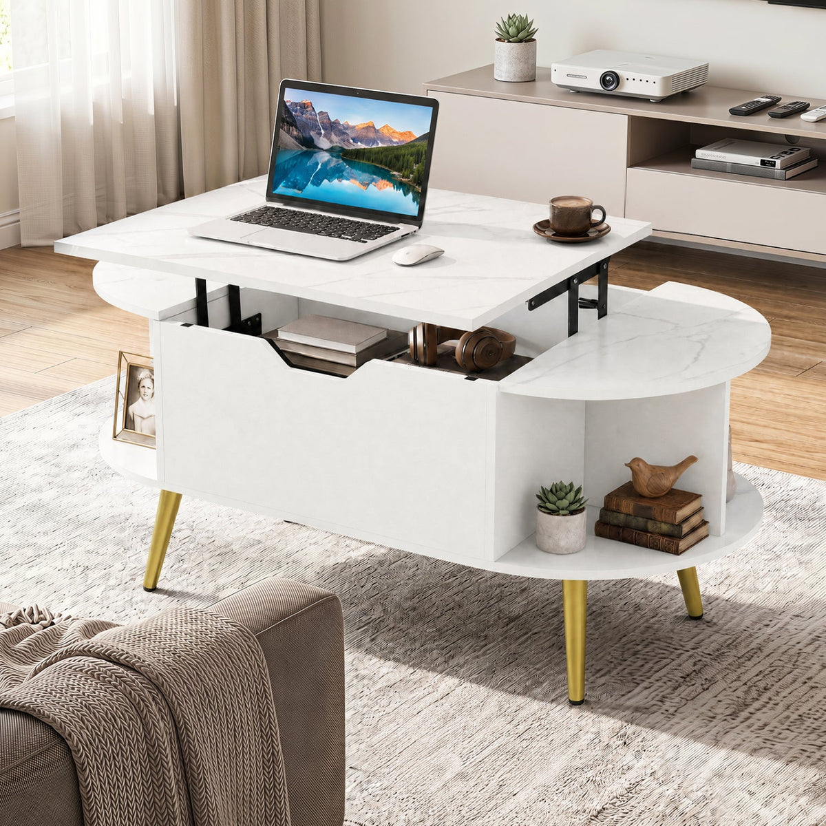 Lift Top Coffee Table with Hidden Compartment and Shelves 2