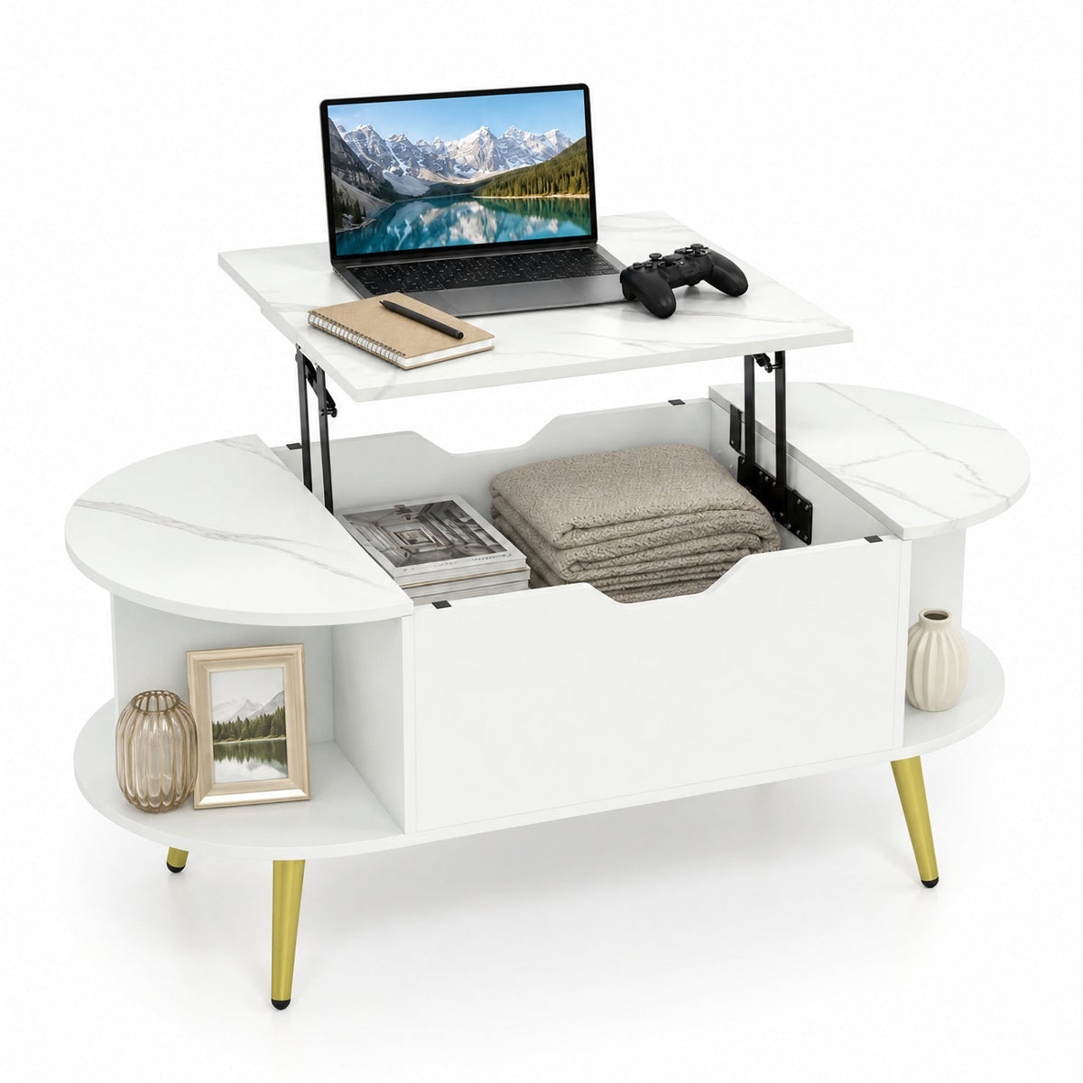 Lift Top Coffee Table with Hidden Compartment and Shelves 4