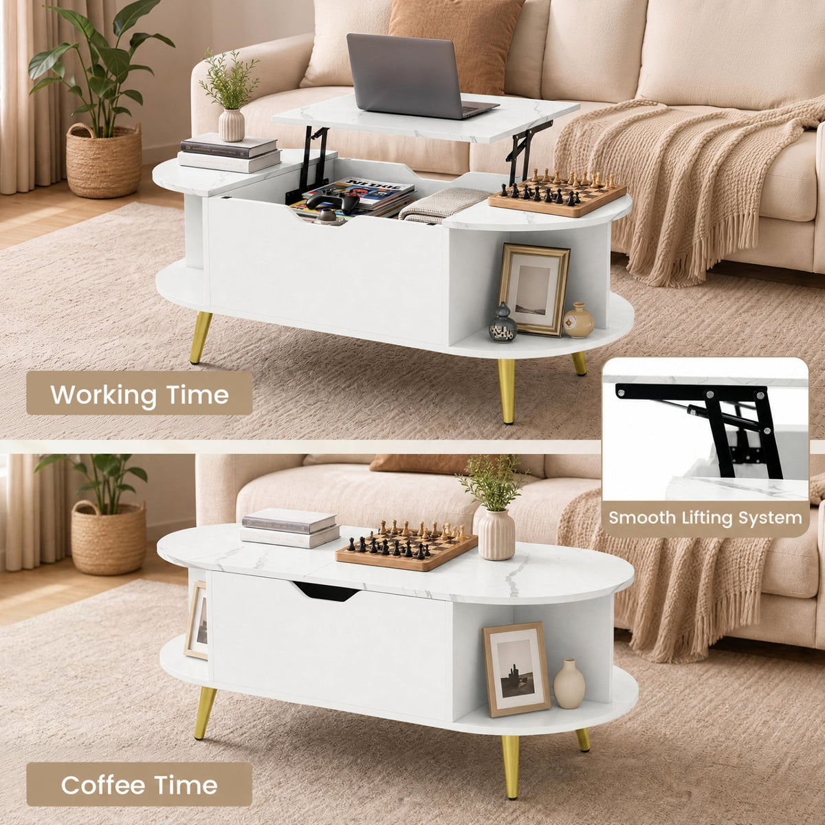 Lift Top Coffee Table with Hidden Compartment and Shelves 7