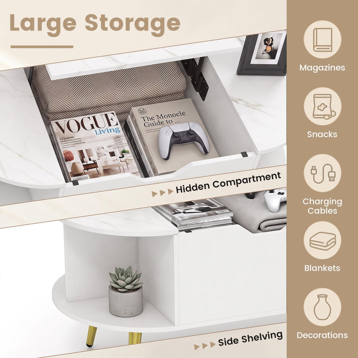 Lift Top Coffee Table with Hidden Compartment and Shelves 8
