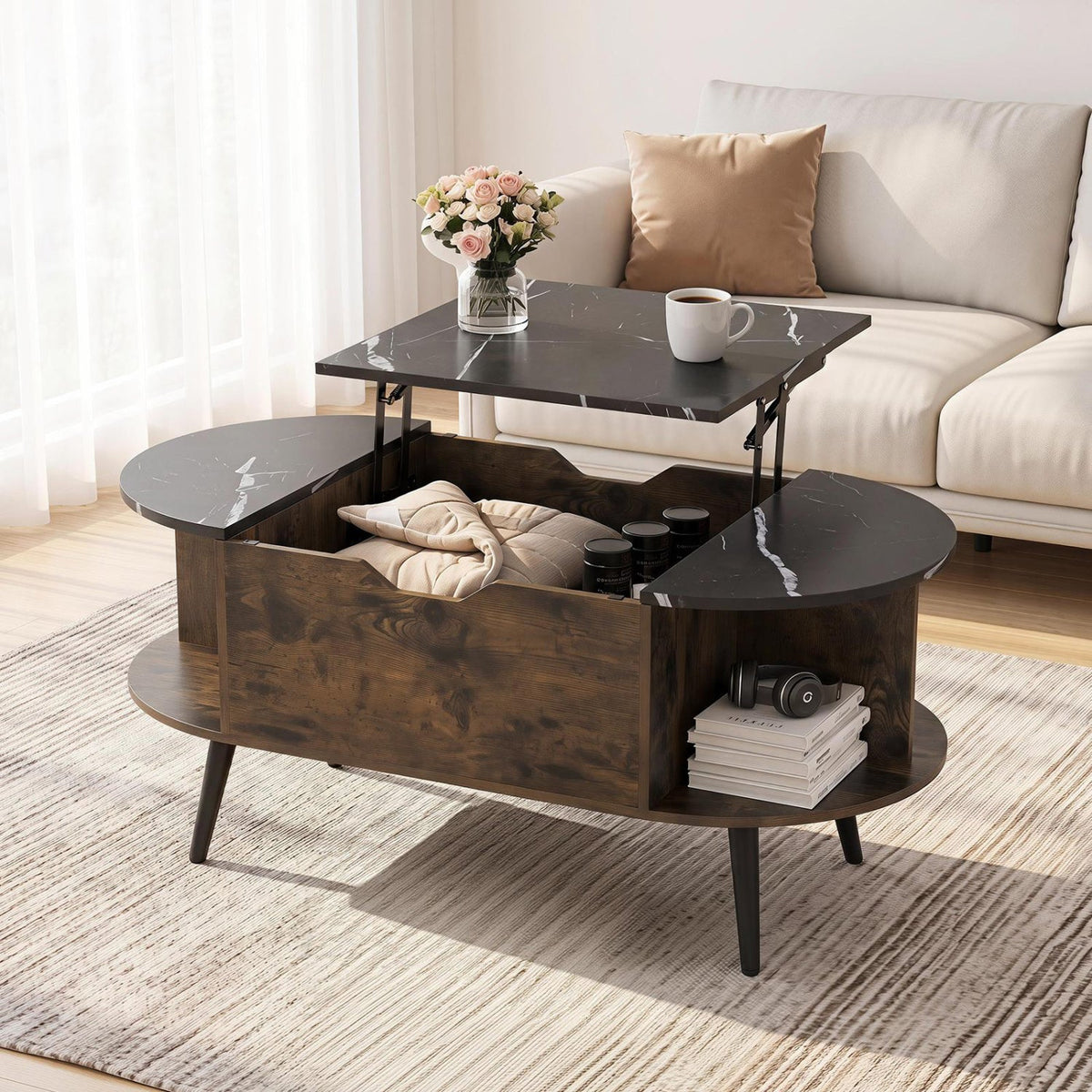Lift Top Coffee Table with Hidden Compartment and Shelves 9