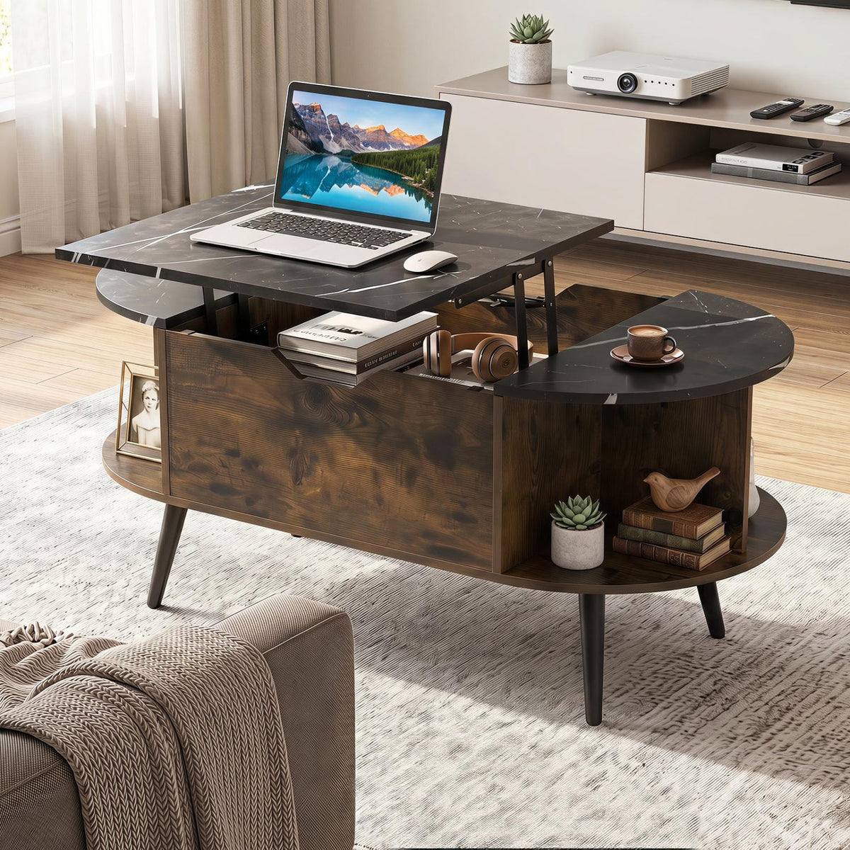 Lift Top Coffee Table with Hidden Compartment and Shelves 10