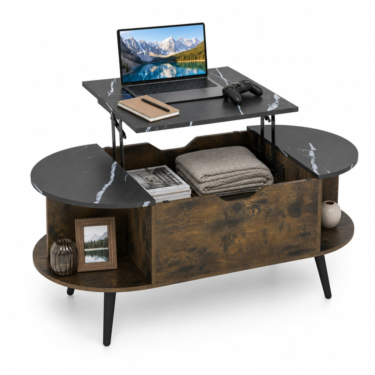 Lift Top Coffee Table with Hidden Compartment and Shelves 12