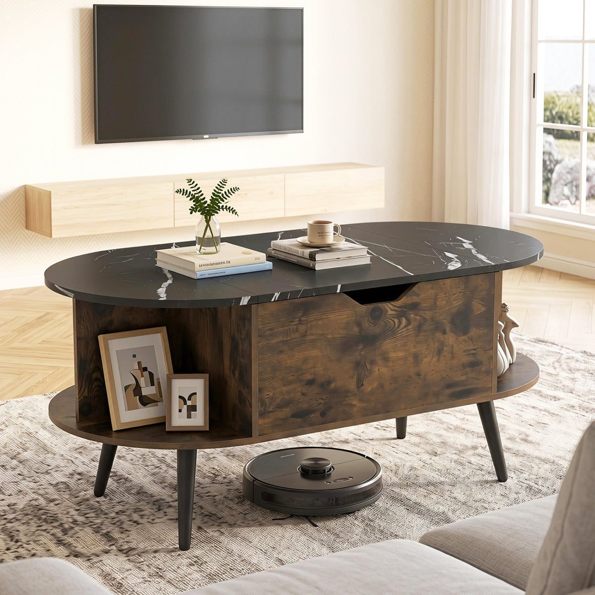 Lift Top Coffee Table with Hidden Compartment and Shelves 14