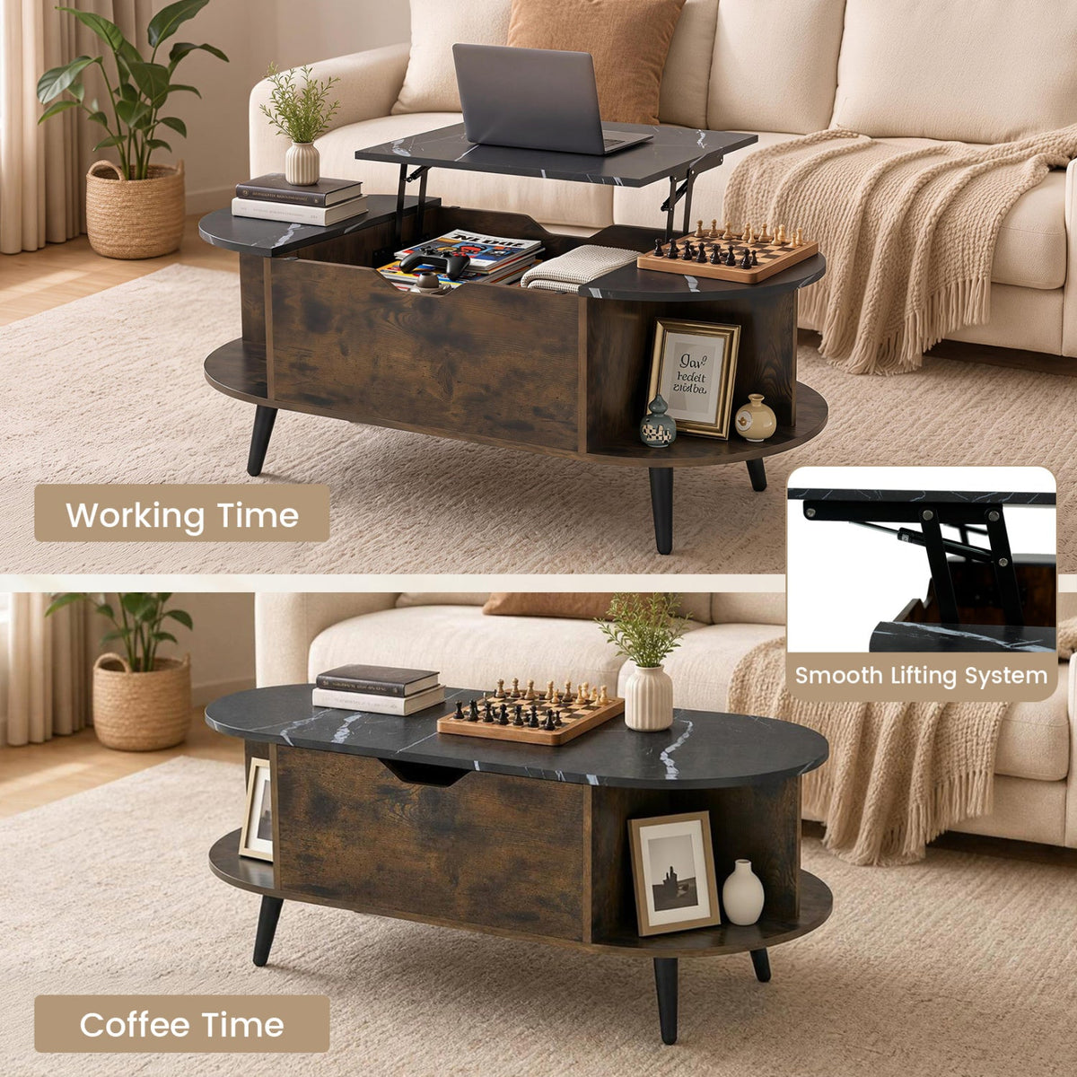 Lift Top Coffee Table with Hidden Compartment and Shelves 15