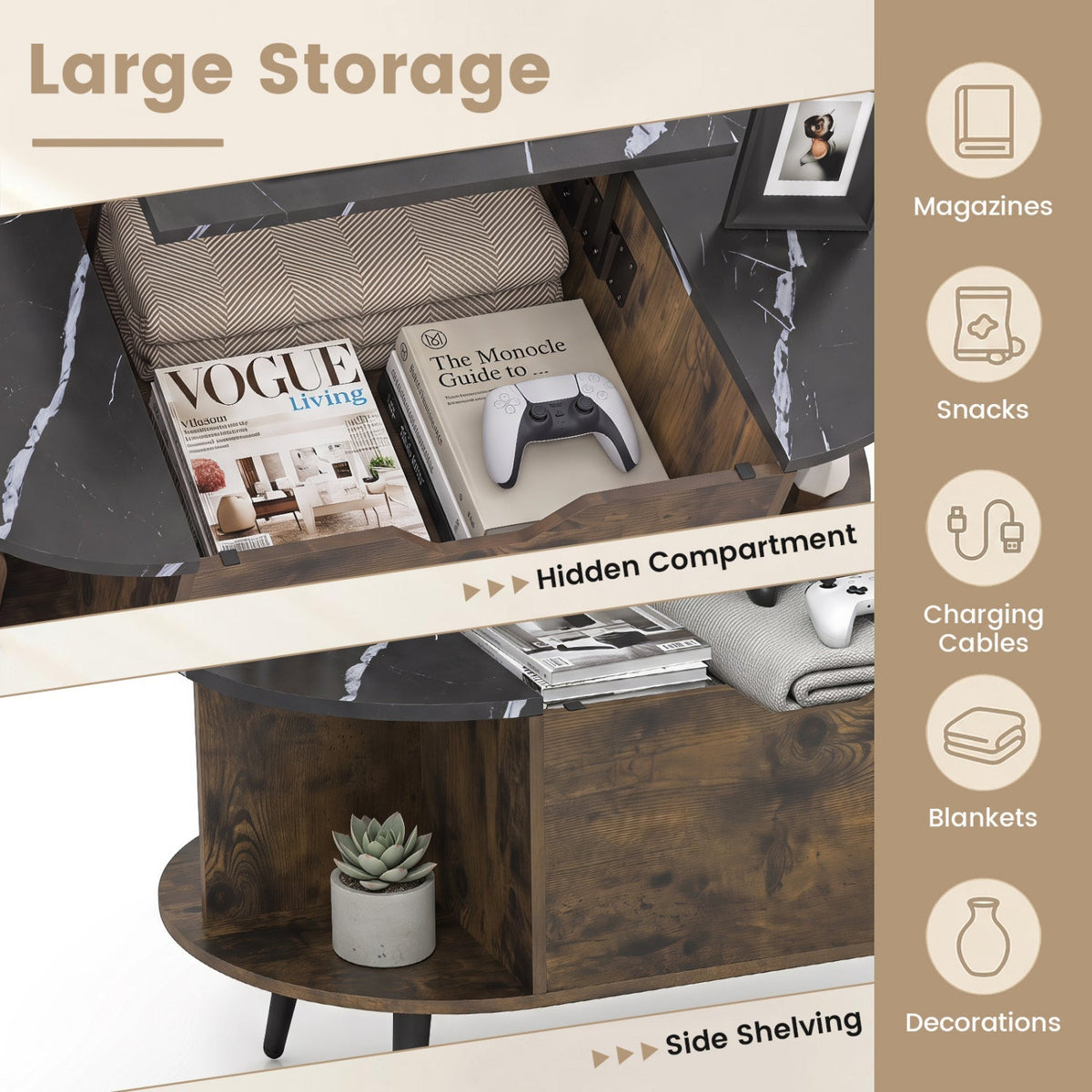Lift Top Coffee Table with Hidden Compartment and Shelves 16