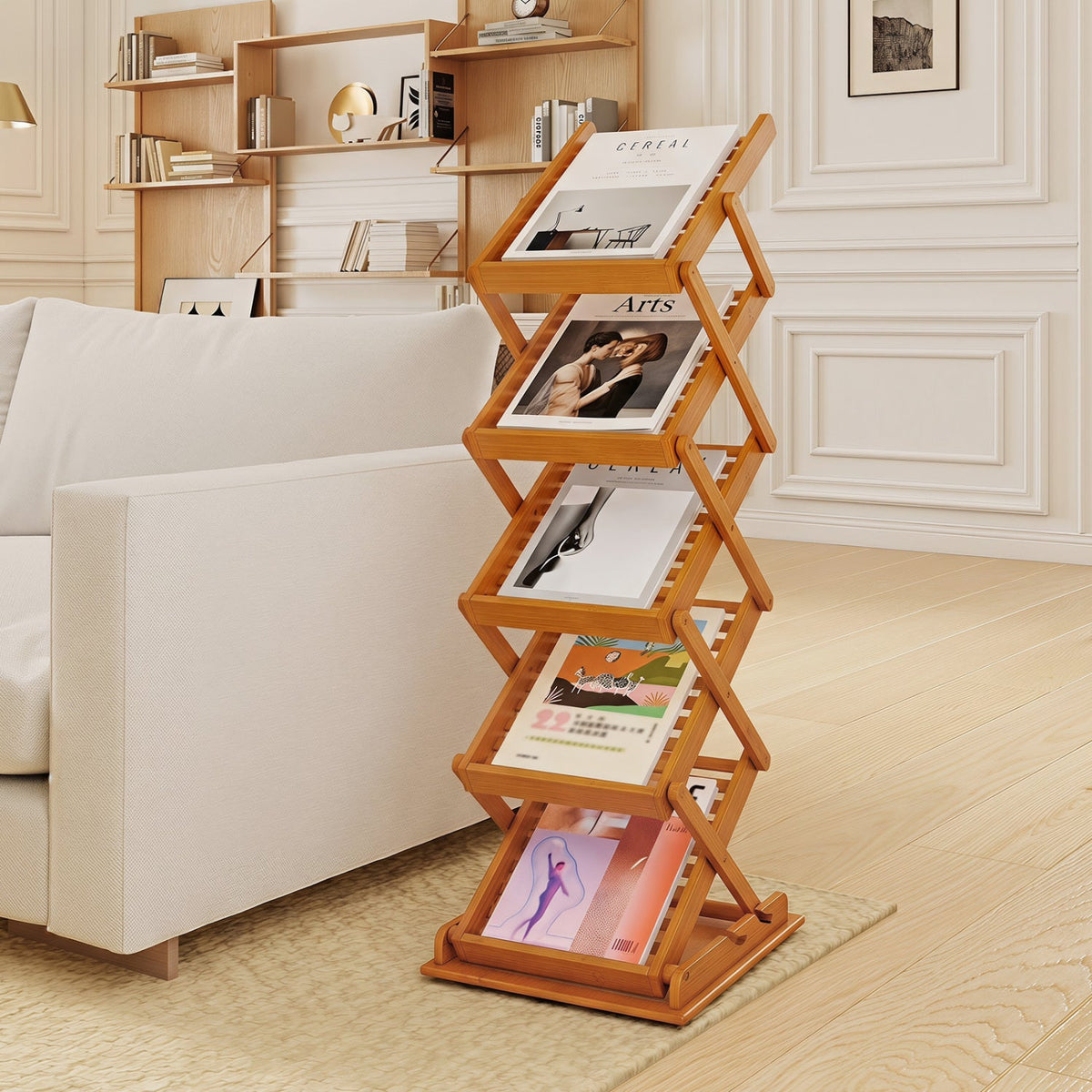 Foldable Bamboo Magazine Rack with 5 Tiers and 2 Positions 1