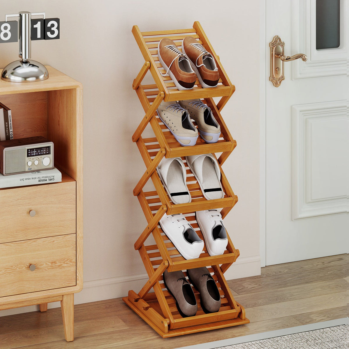 Foldable Bamboo Magazine Rack with 5 Tiers and 2 Positions 2