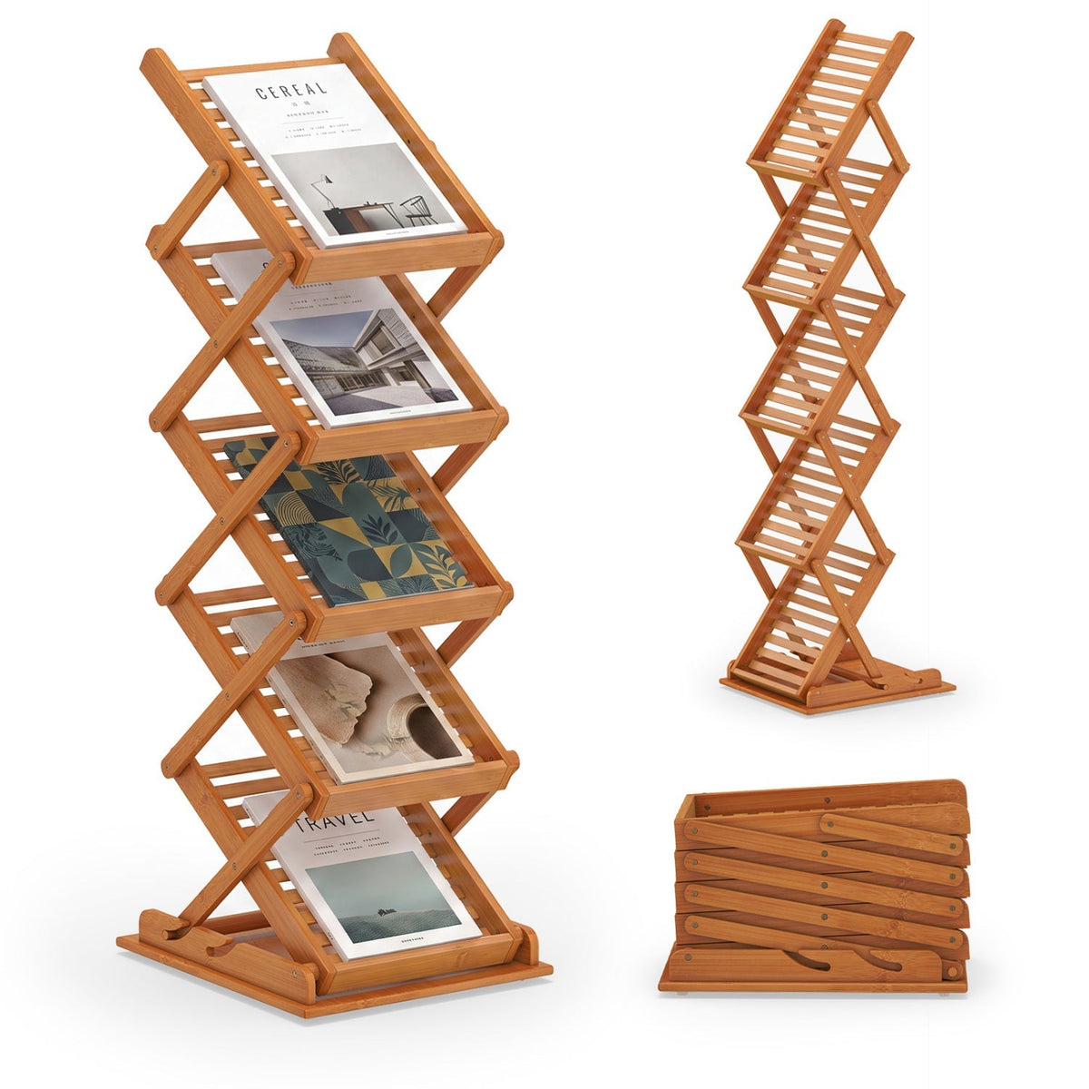 Foldable Bamboo Magazine Rack with 5 Tiers and 2 Positions 3