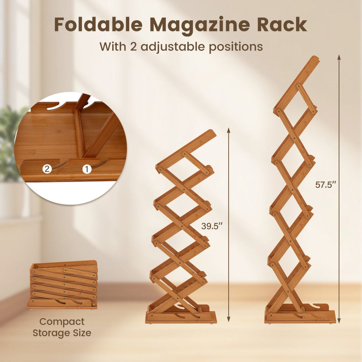 Foldable Bamboo Magazine Rack with 5 Tiers and 2 Positions 6
