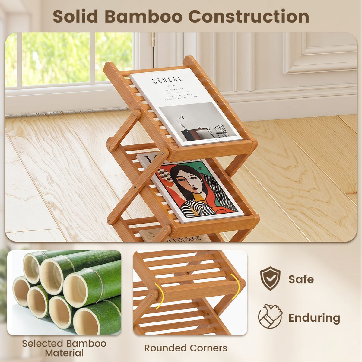 Foldable Bamboo Magazine Rack with 5 Tiers and 2 Positions 7