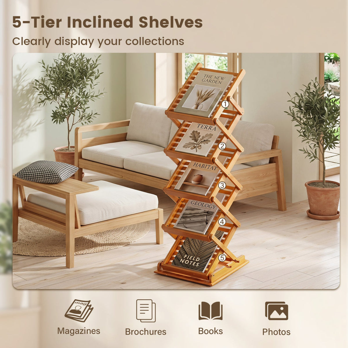 Foldable Bamboo Magazine Rack with 5 Tiers and 2 Positions 8
