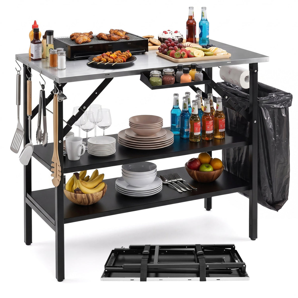 Foldable Outdoor Cook Station with Removable Shelves 3