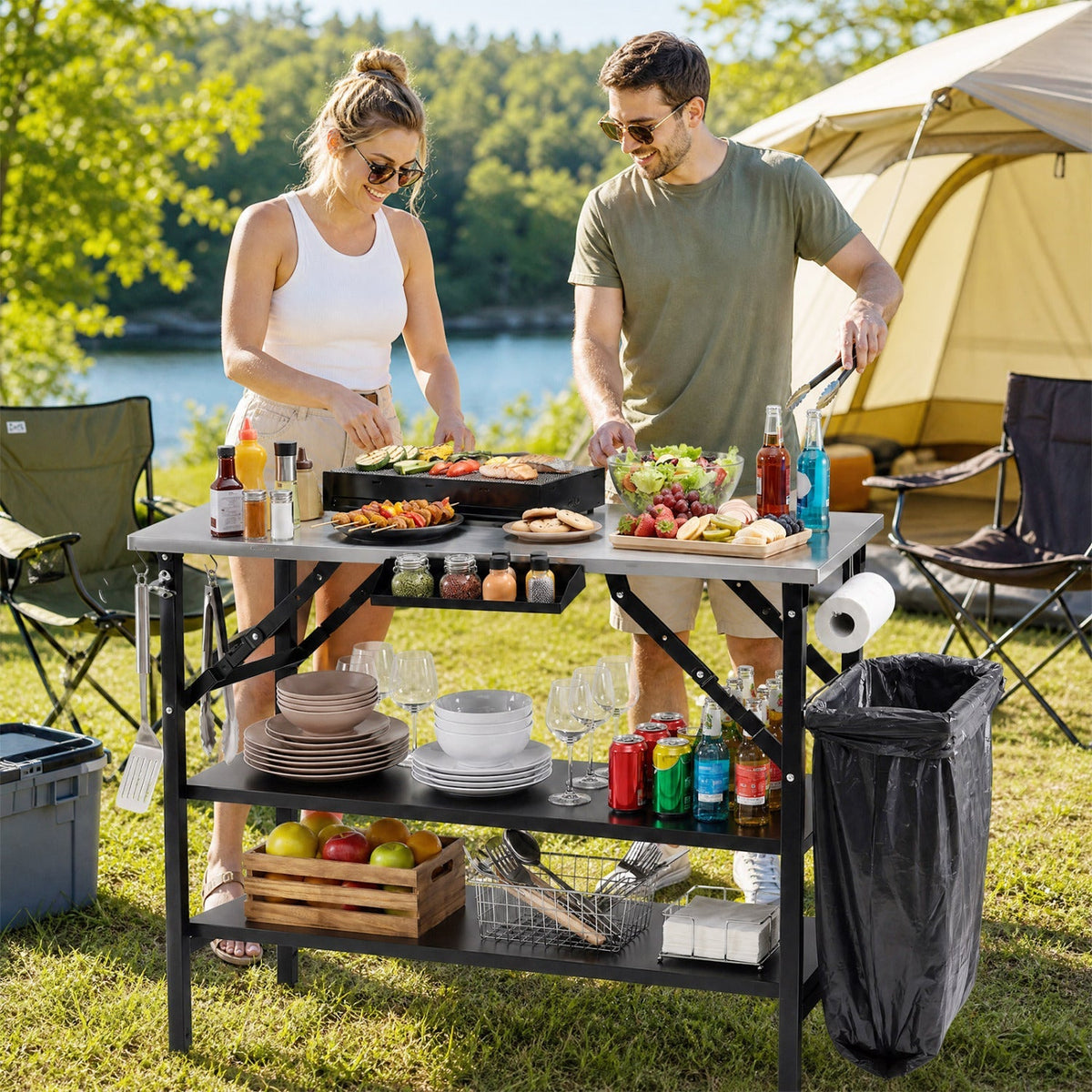 Foldable Outdoor Cook Station with Removable Shelves 2
