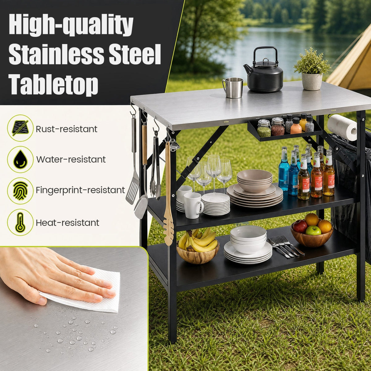 Foldable Outdoor Cook Station with Removable Shelves 7