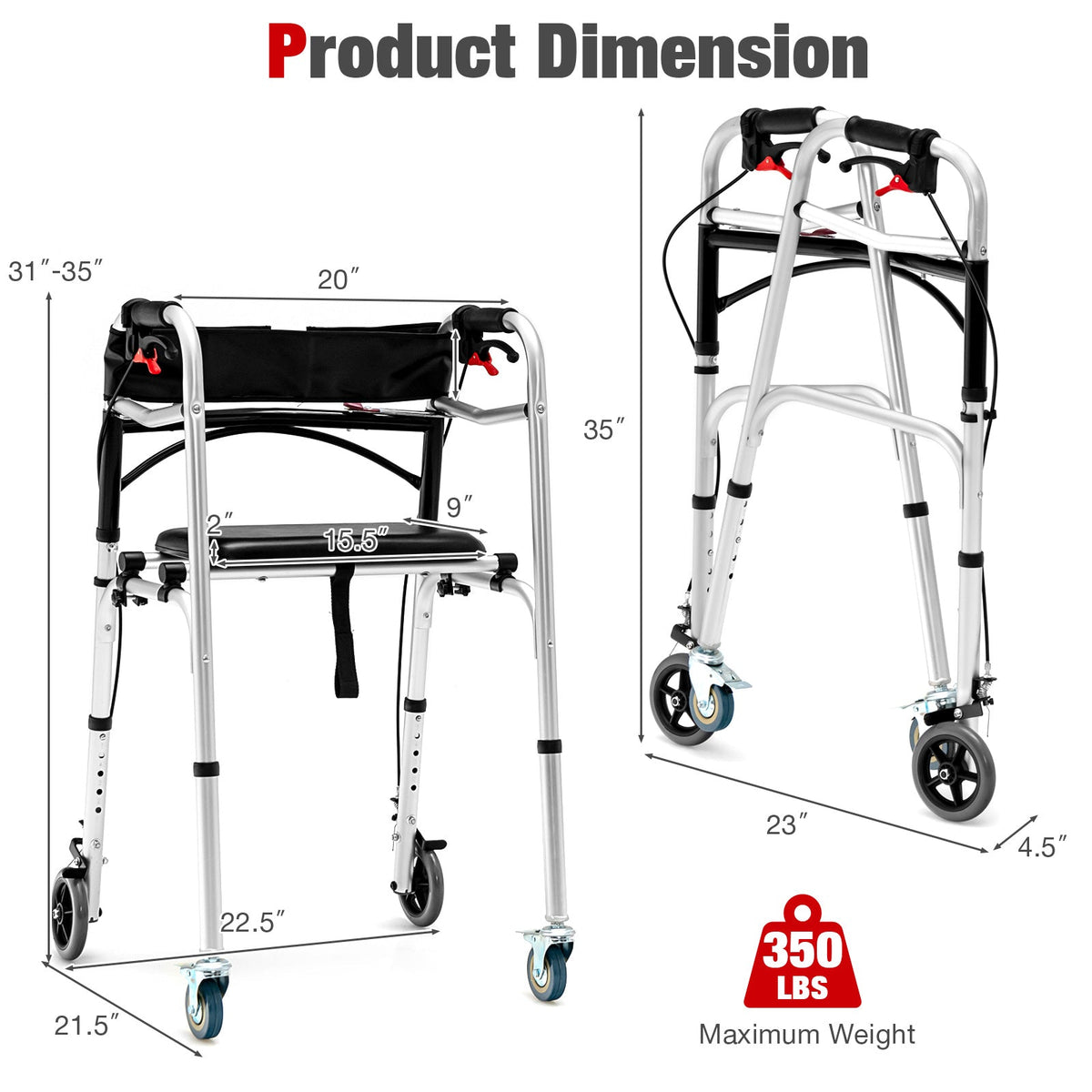 Adjustable Aluminum Walker with Wheels and Brakes 3