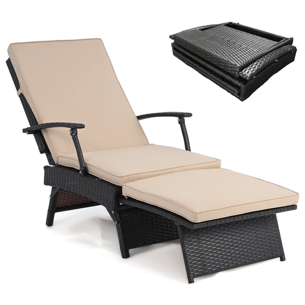 Folding Wicker Chaise Lounge with Adjustable Backrest & Ottoman 19