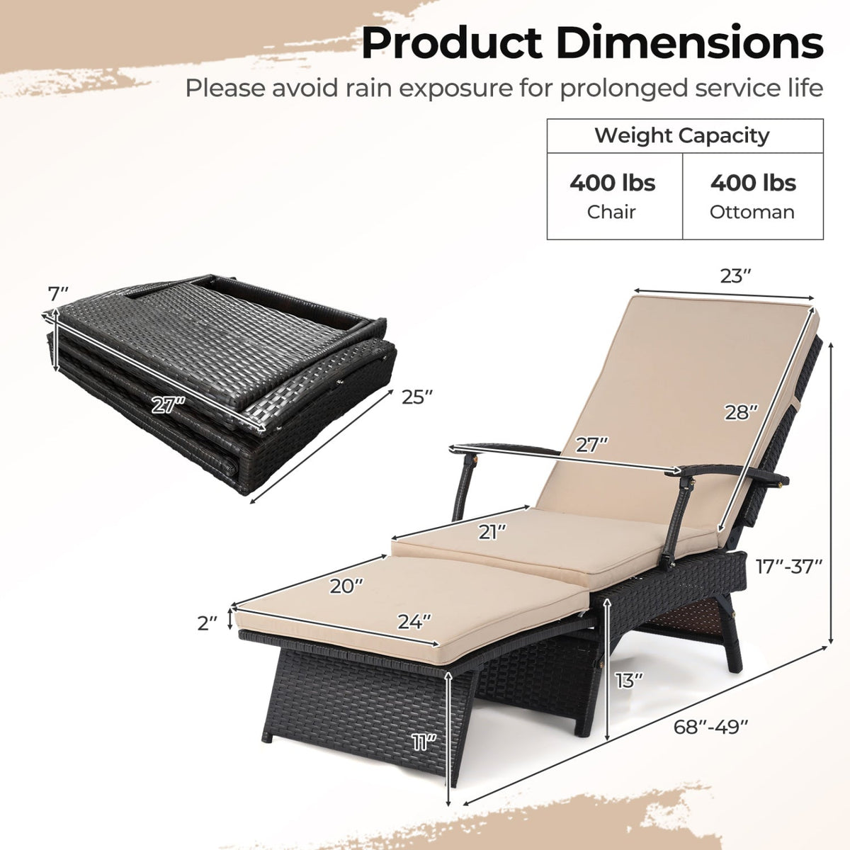 Folding Wicker Chaise Lounge with Adjustable Backrest & Ottoman 20