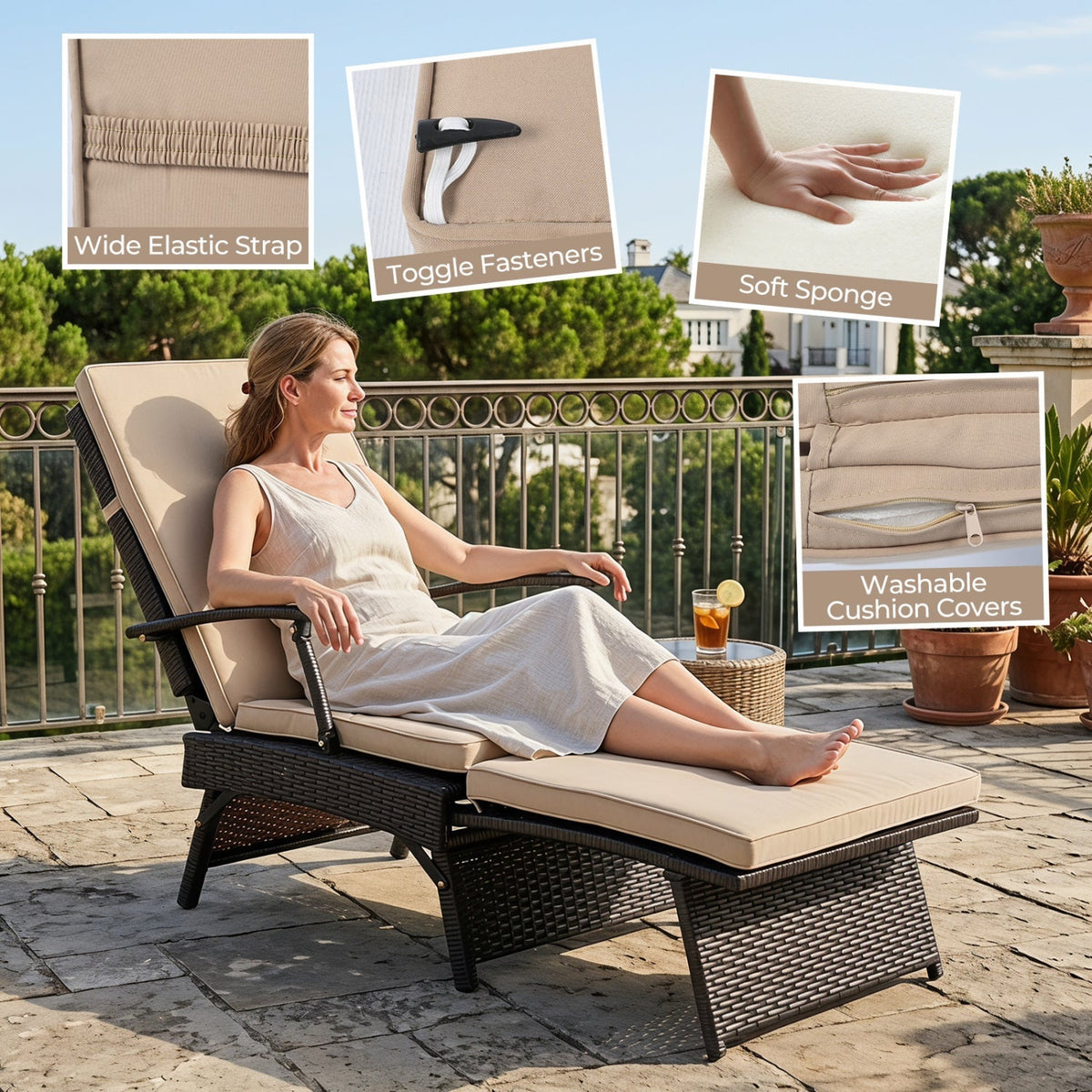 Folding Wicker Chaise Lounge with Adjustable Backrest & Ottoman 24