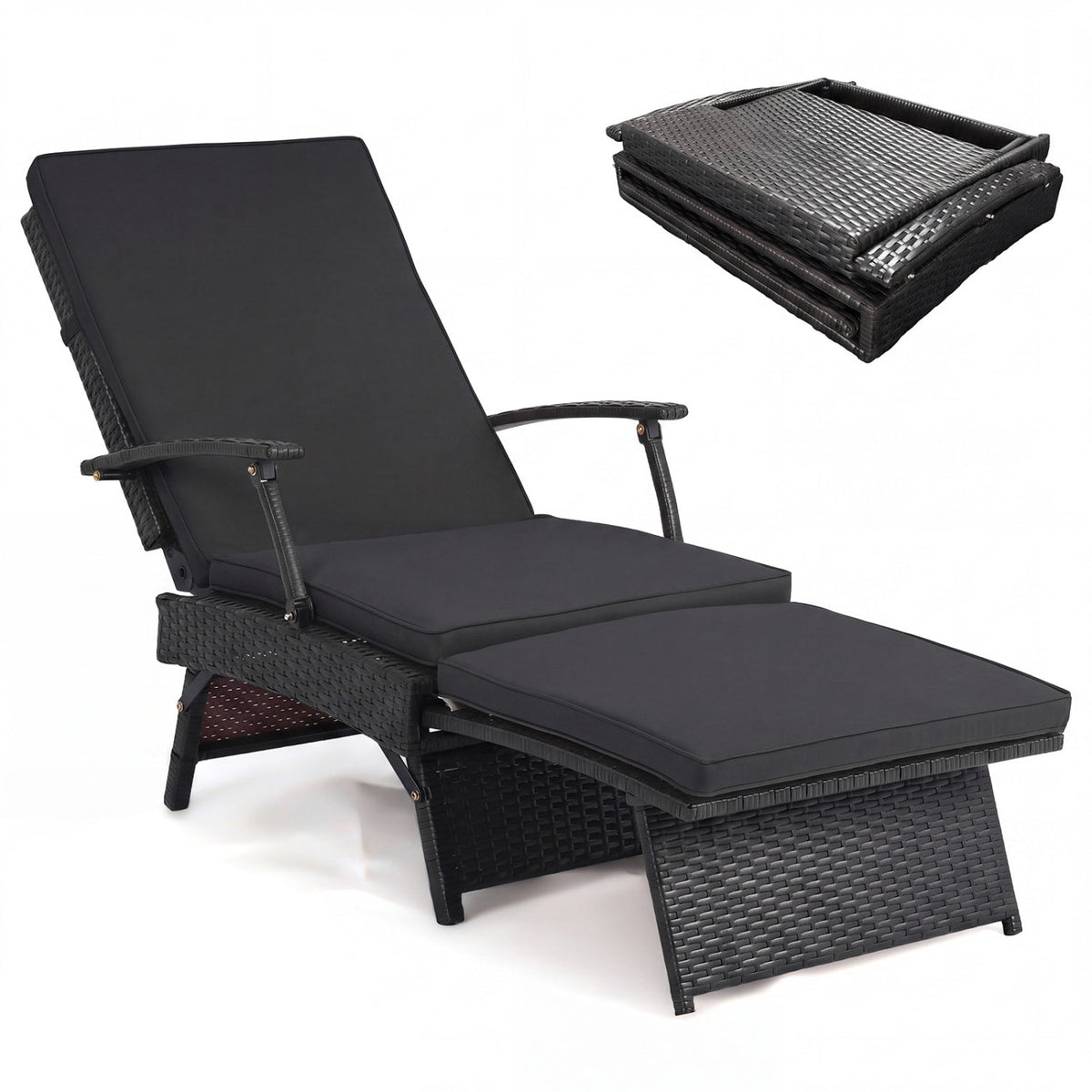 Folding Wicker Chaise Lounge with Adjustable Backrest & Ottoman 11