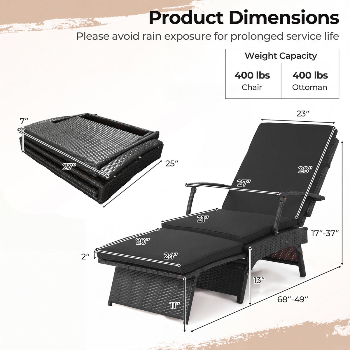 Folding Wicker Chaise Lounge with Adjustable Backrest & Ottoman 12