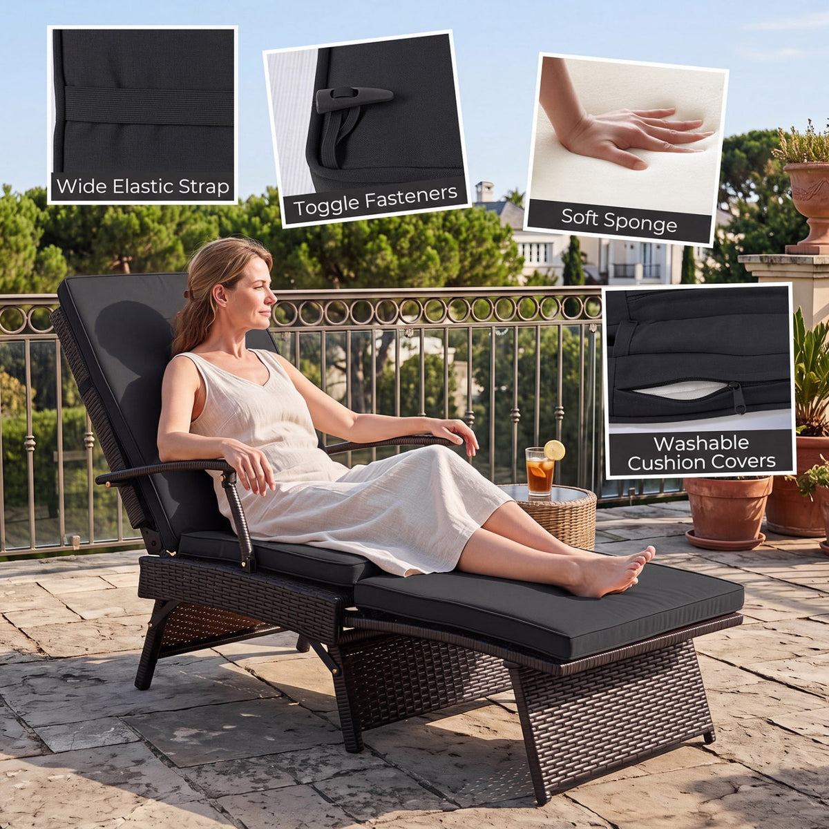 Folding Wicker Chaise Lounge with Adjustable Backrest & Ottoman 16