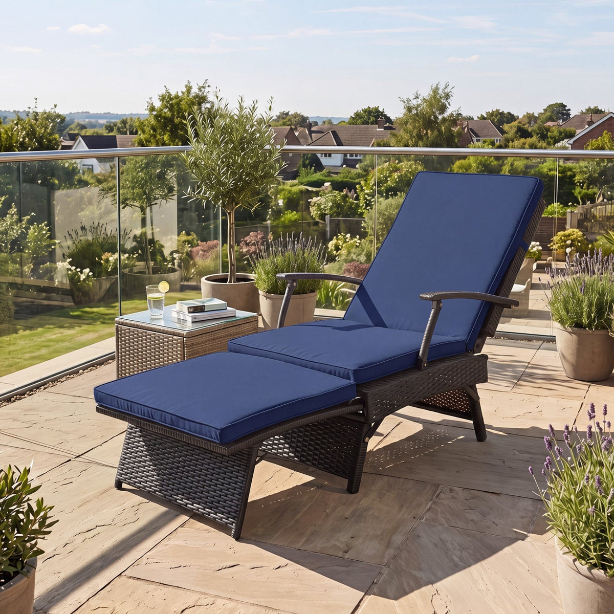 Folding Wicker Chaise Lounge with Adjustable Backrest & Ottoman 1
