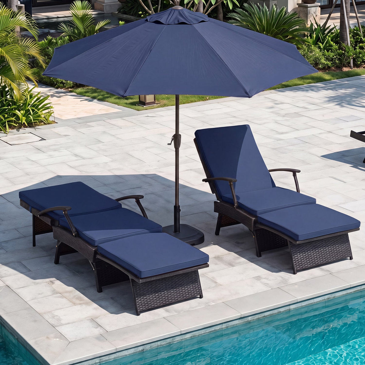 Folding Wicker Chaise Lounge with Adjustable Backrest & Ottoman 2