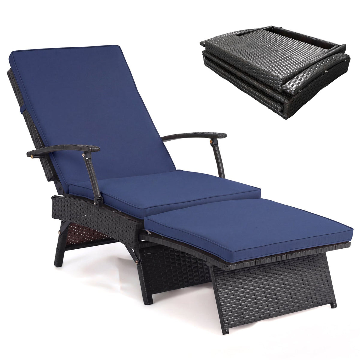Folding Wicker Chaise Lounge with Adjustable Backrest & Ottoman 3