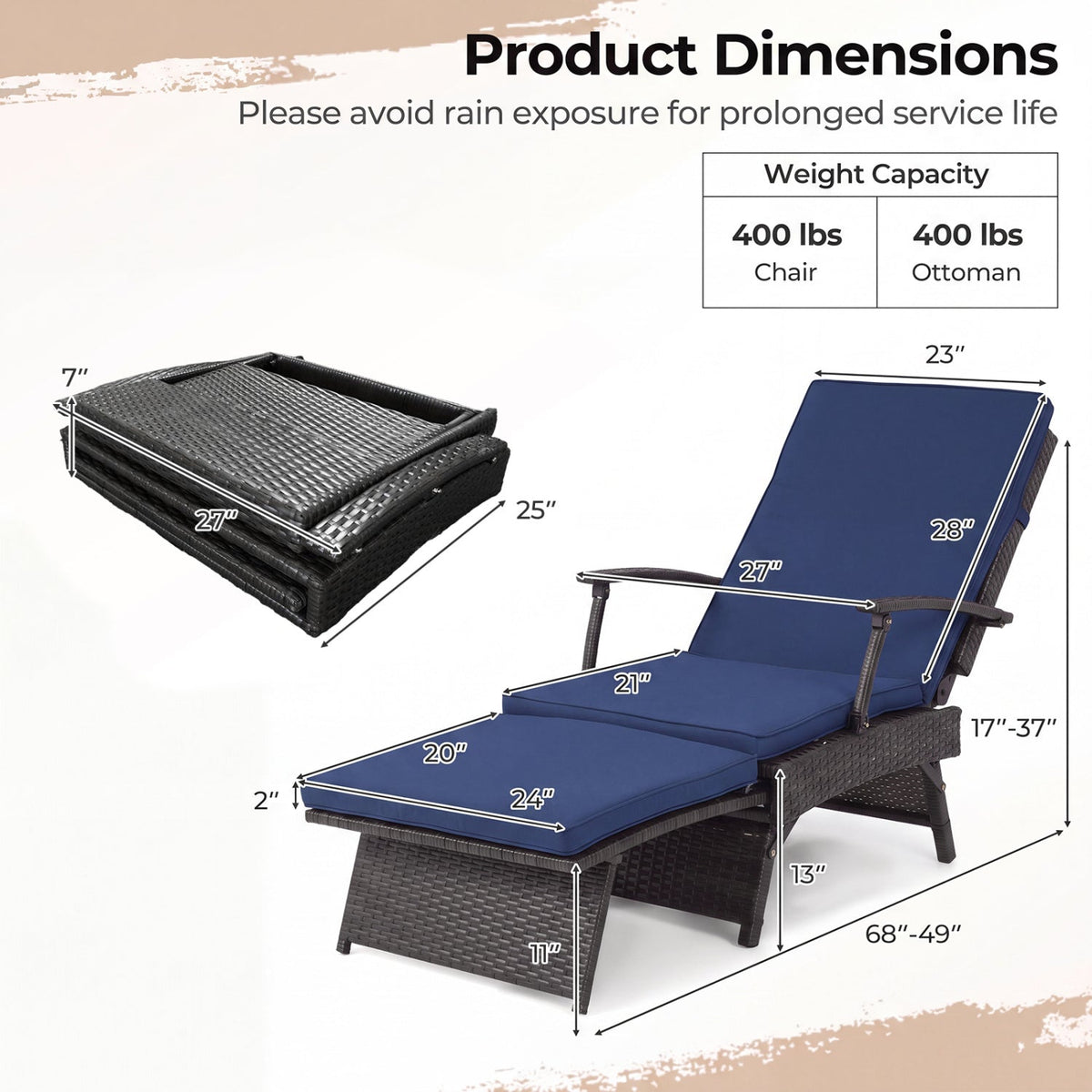 Folding Wicker Chaise Lounge with Adjustable Backrest & Ottoman 4