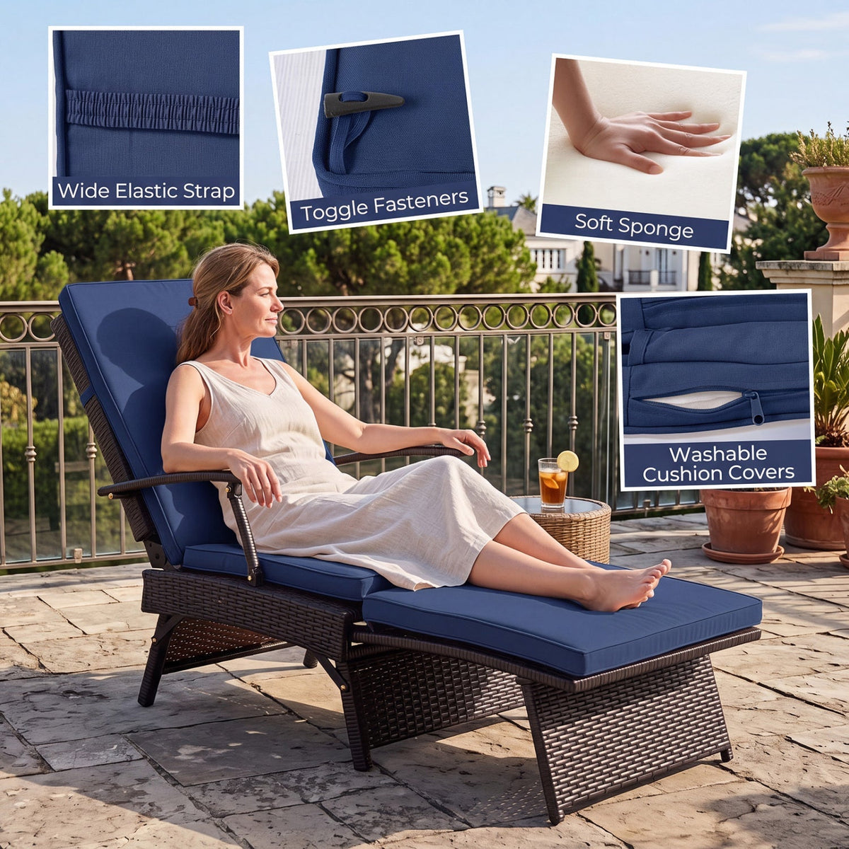 Folding Wicker Chaise Lounge with Adjustable Backrest & Ottoman 8