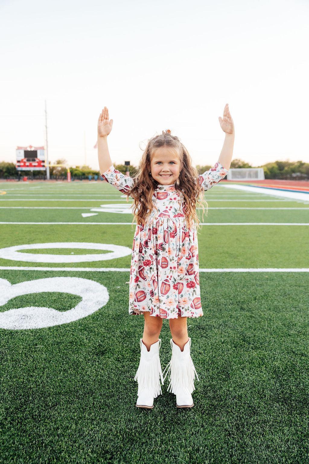 Footballs & Flowers 3/4 Sleeve Pocket Twirl Dress 2