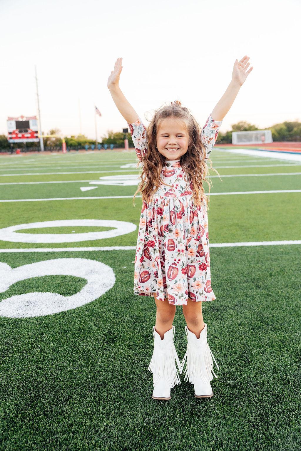 Footballs & Flowers 3/4 Sleeve Pocket Twirl Dress 4