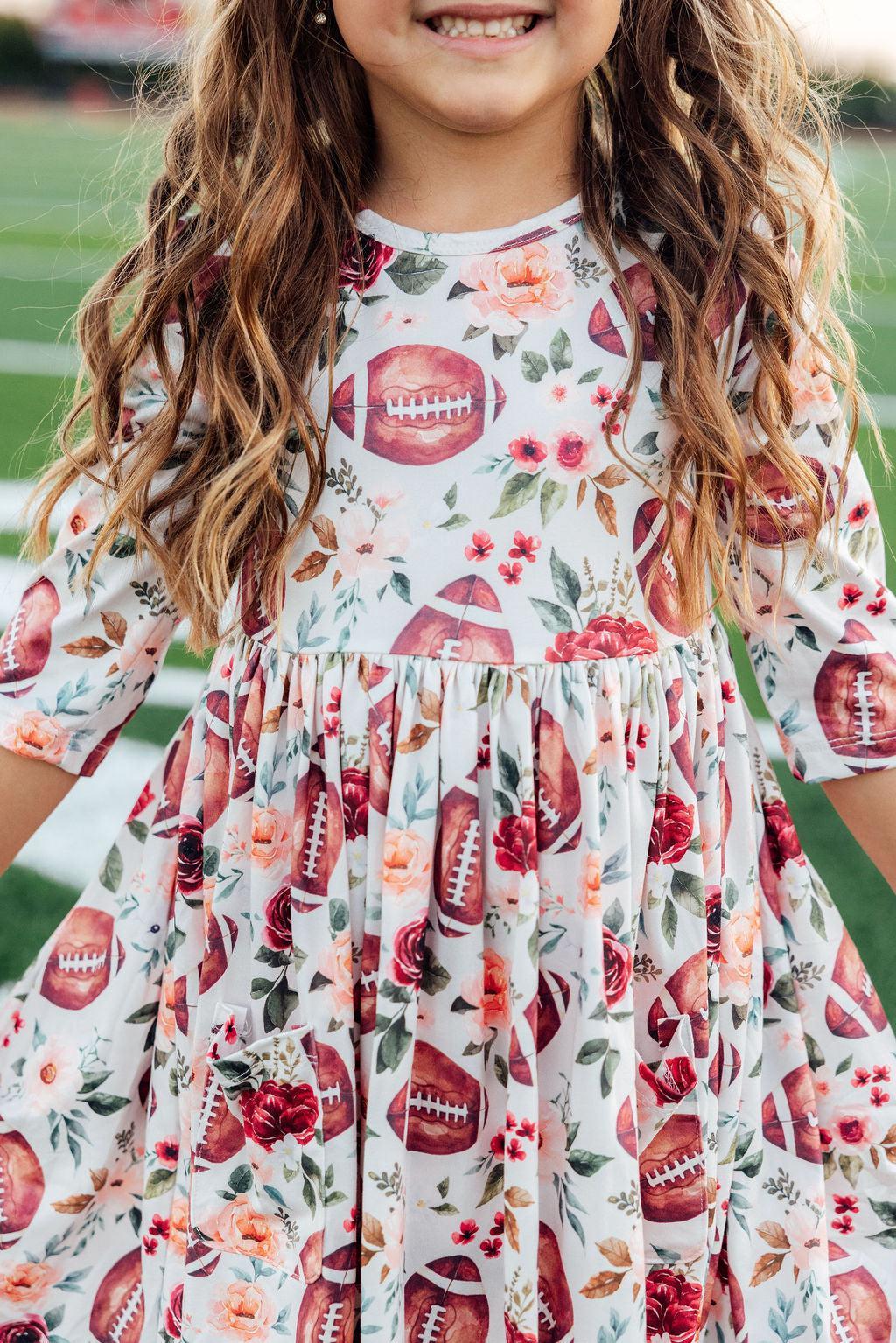 Footballs & Flowers 3/4 Sleeve Pocket Twirl Dress 1