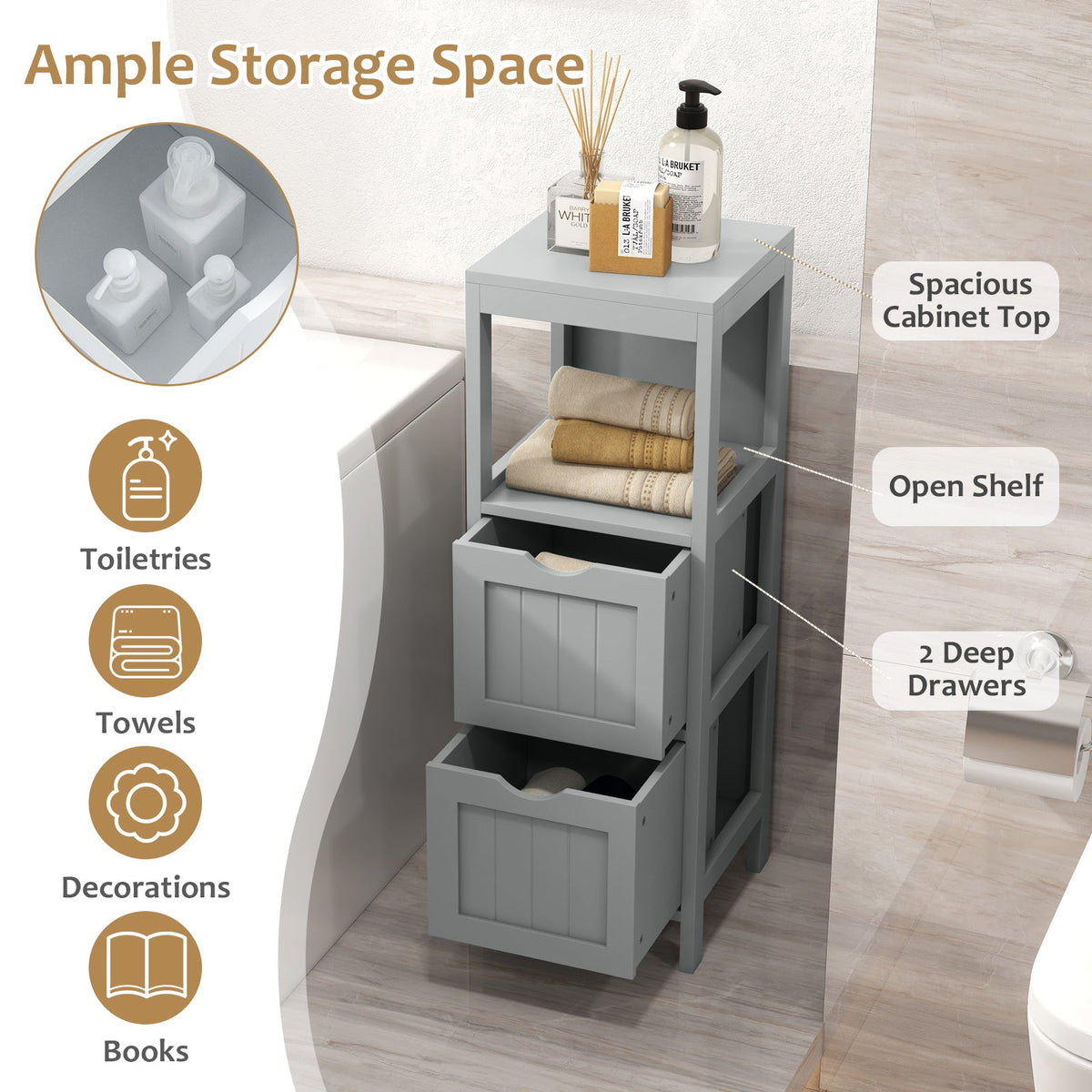 Freestanding Storage Cabinet with 2 Removable Drawers for Bathroom 29
