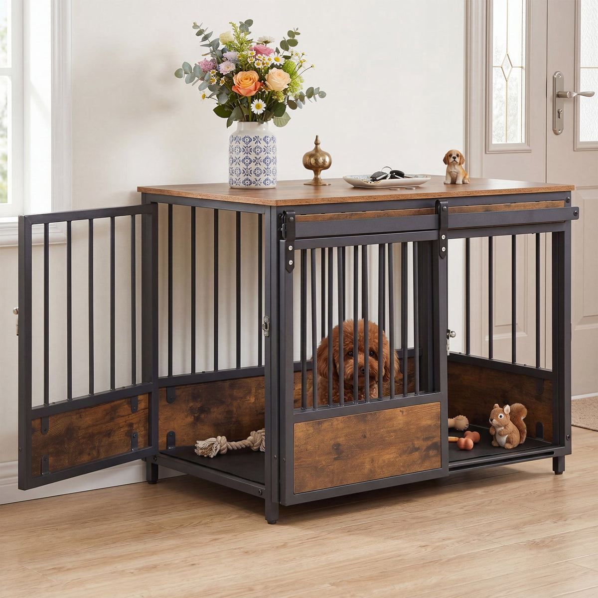 Dog Crate Furniture with Sliding Barn Door and Mat 1
