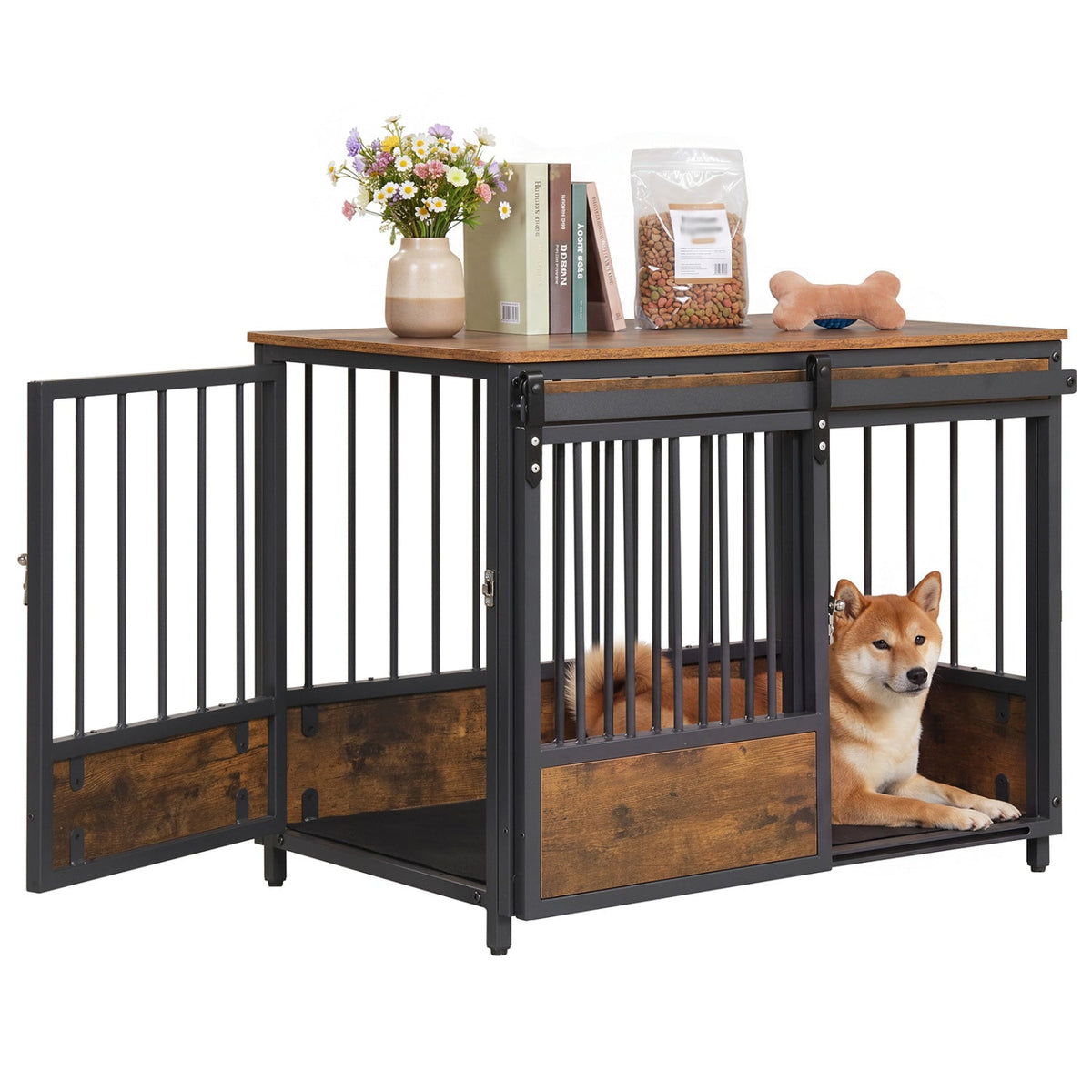 Dog Crate Furniture with Sliding Barn Door and Mat 3