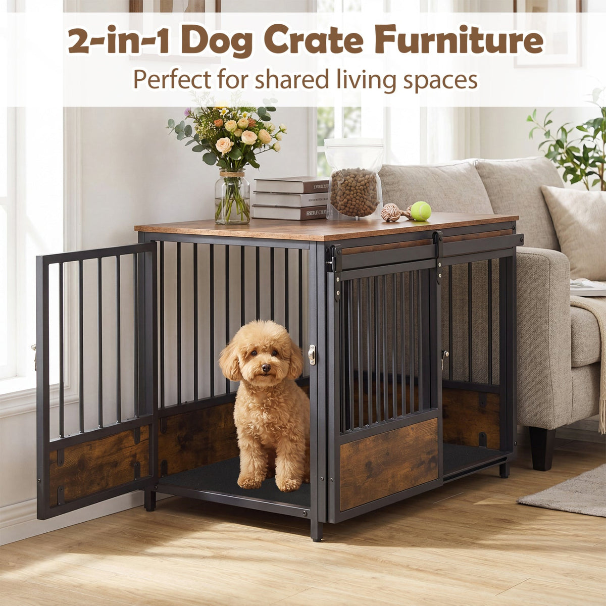 Dog Crate Furniture with Sliding Barn Door and Mat 5
