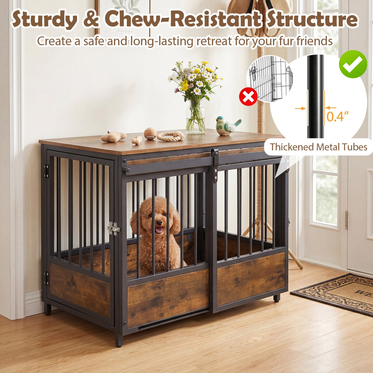 Dog Crate Furniture with Sliding Barn Door and Mat 7