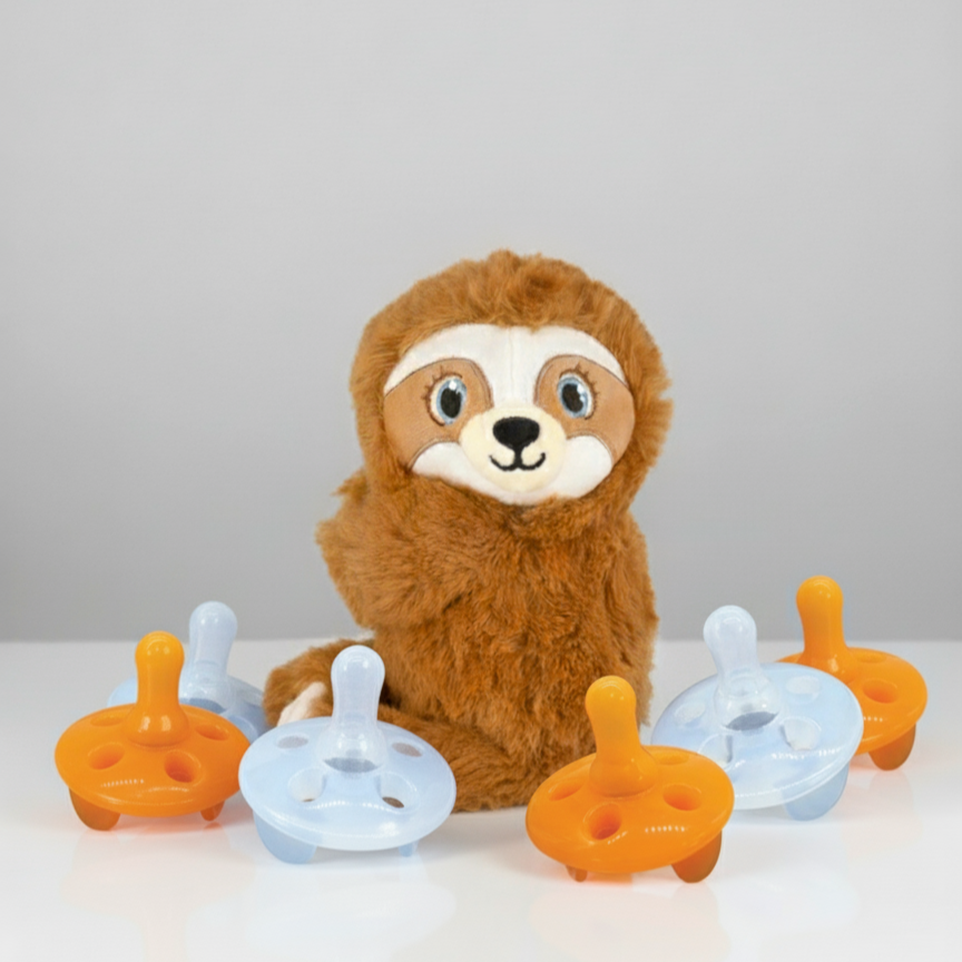 Shusher Sloth + 6-Pack Shushie™ Pacifiers – Soothing Bundle with Cuddly Cry Detection 1