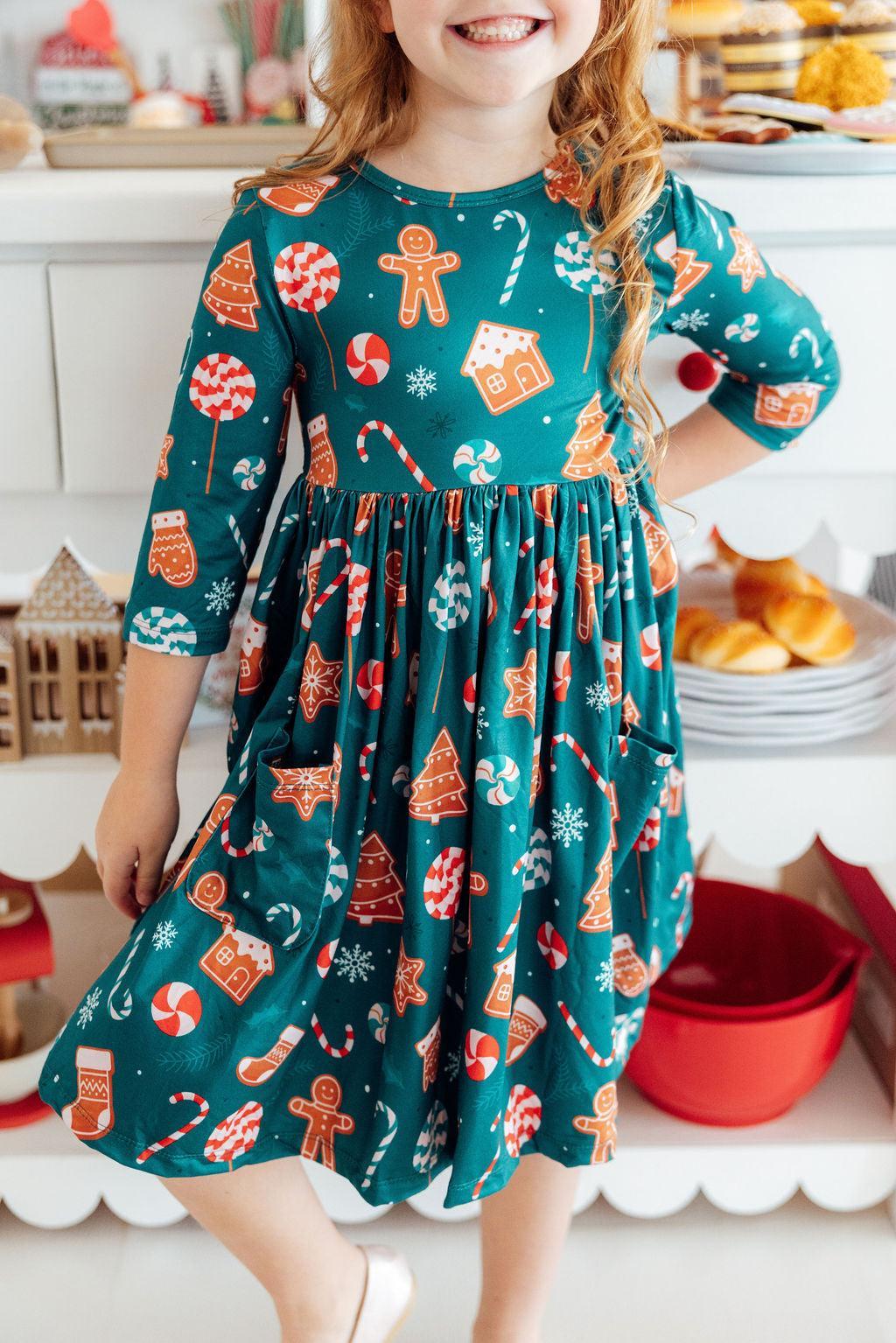 Gingerbread House 3/4 Sleeve Pocket Twirl Dress 1