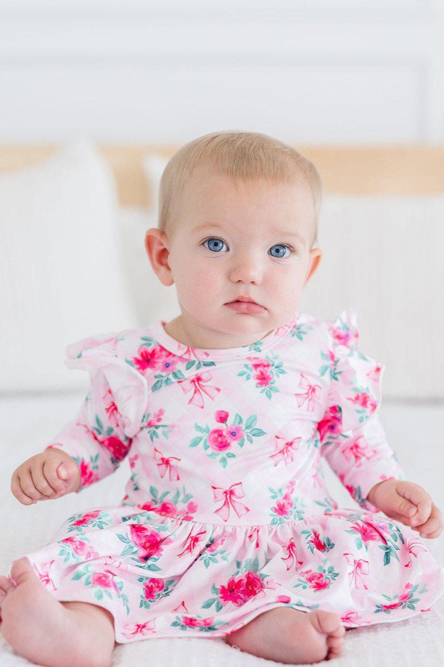 Gingham Bows 3/4 Sleeve Flutter Twirl Bodysuit 2