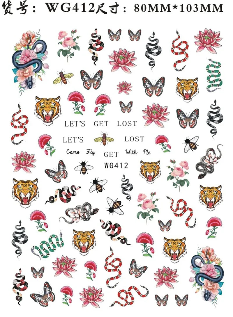 Nail Sticker Snake  Dragon Butterfly Black Multicolor Decals Nail Art Tattoo Slider Water Transfer Letter Nails Art Decoration 29