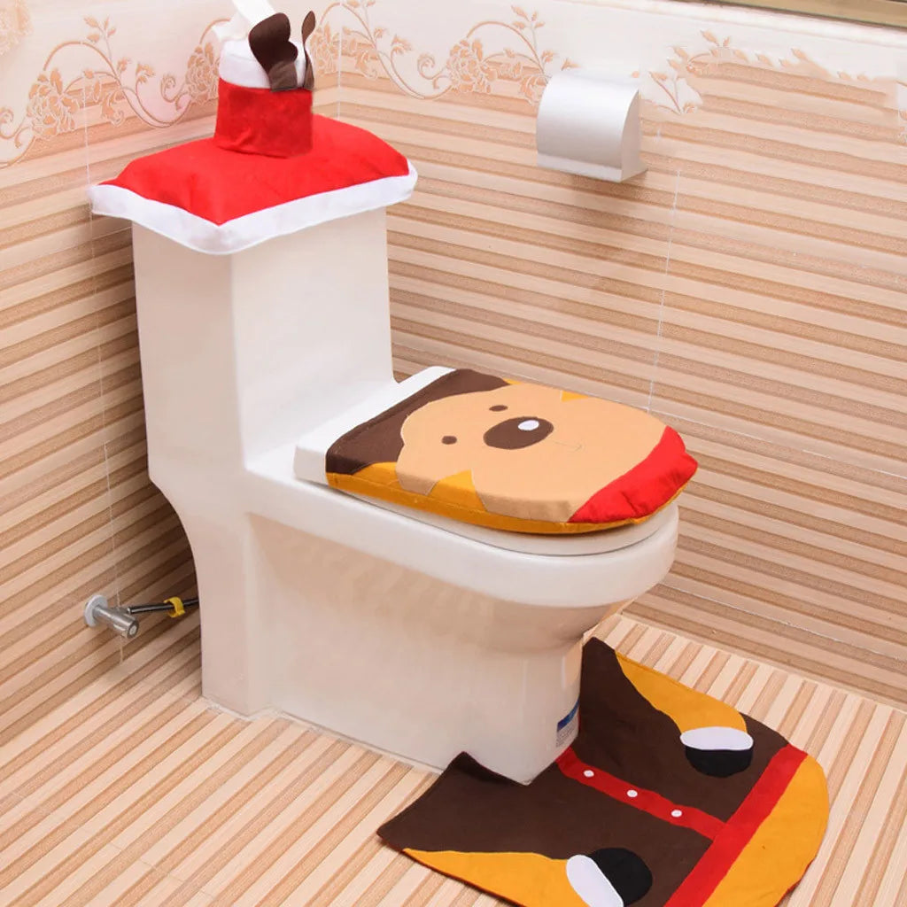 3PC Christmas Closestool Cover Santa Claus Toilet Seat And Tissue Cover Set Christmas Decorations For Bathroom Mat kerst decorat 2