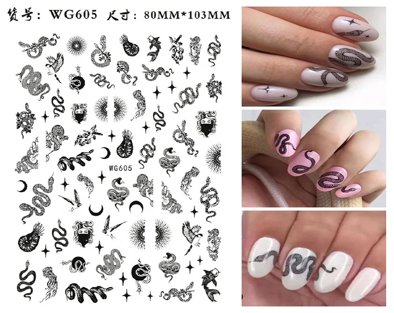 Nail Sticker Snake  Dragon Butterfly Black Multicolor Decals Nail Art Tattoo Slider Water Transfer Letter Nails Art Decoration 37