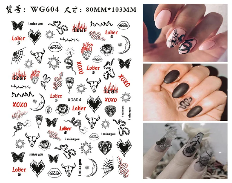 Nail Sticker Snake  Dragon Butterfly Black Multicolor Decals Nail Art Tattoo Slider Water Transfer Letter Nails Art Decoration 12