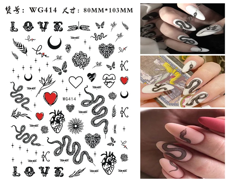 Nail Sticker Snake  Dragon Butterfly Black Multicolor Decals Nail Art Tattoo Slider Water Transfer Letter Nails Art Decoration 5