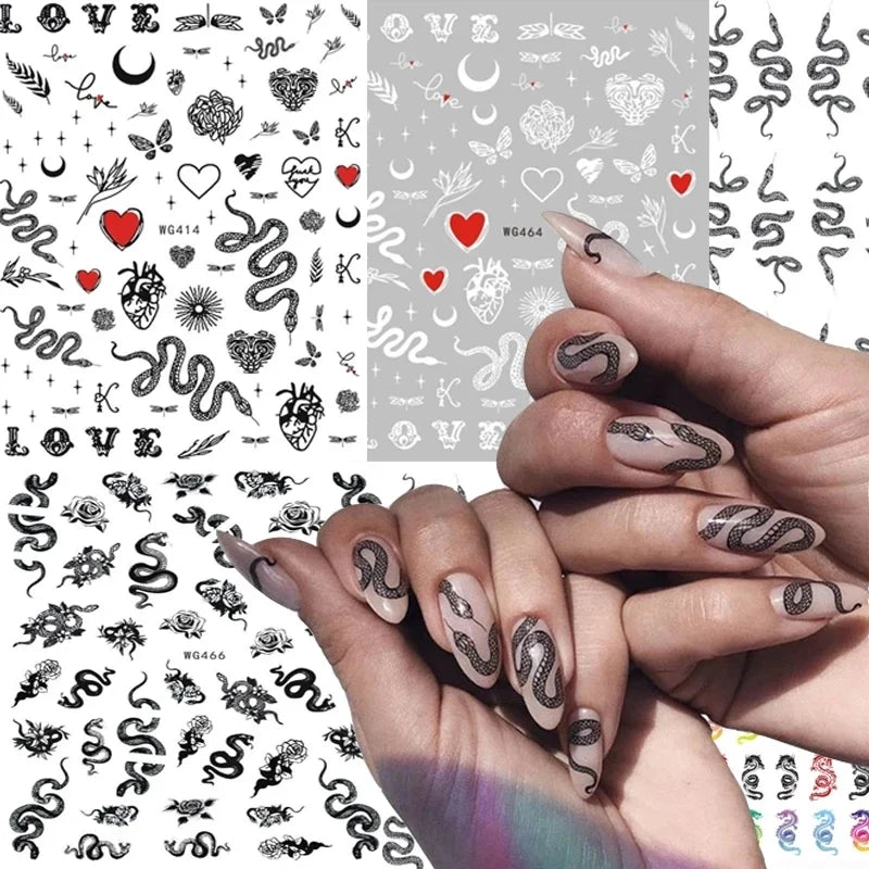 Nail Sticker Snake  Dragon Butterfly Black Multicolor Decals Nail Art Tattoo Slider Water Transfer Letter Nails Art Decoration 1