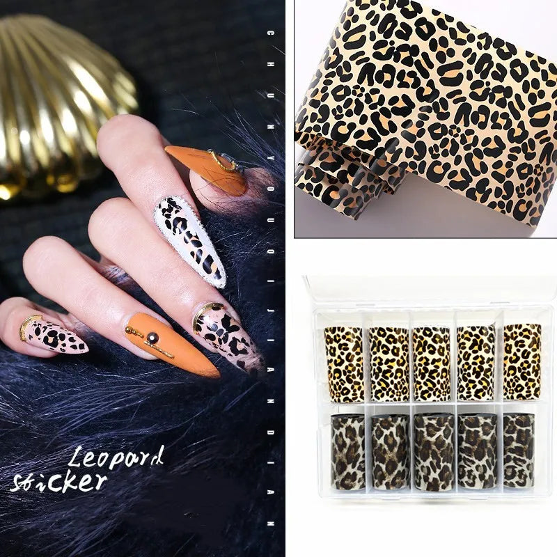 10 Rolls Leopard Print Nail Foils Transfer Paper Amber Nail Art Stickers Snake Skin Manicure Set Decal Animal Nails Decoration 12
