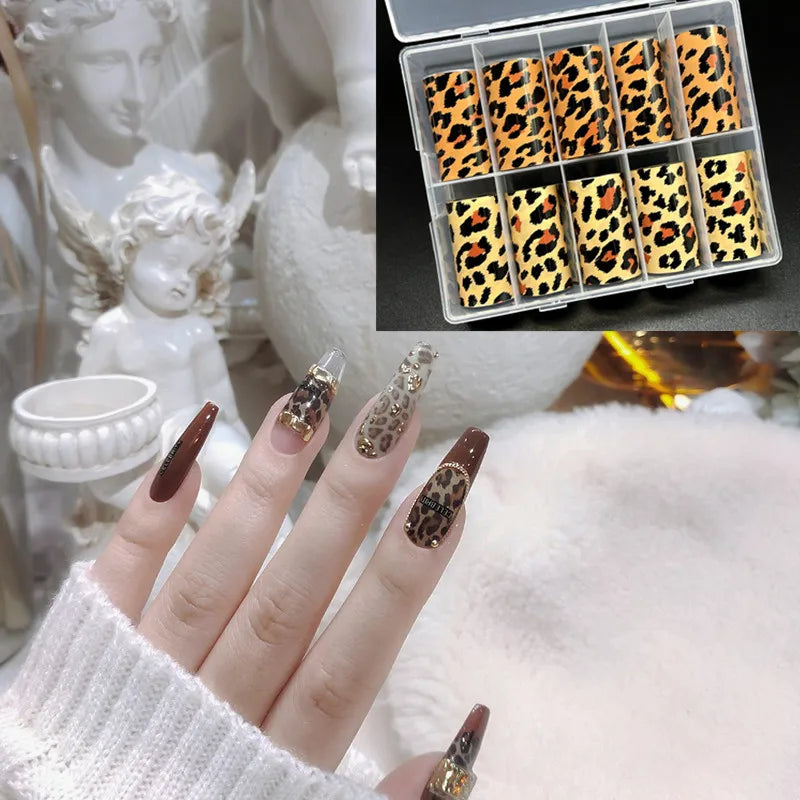 10 Rolls Leopard Print Nail Foils Transfer Paper Amber Nail Art Stickers Snake Skin Manicure Set Decal Animal Nails Decoration 20